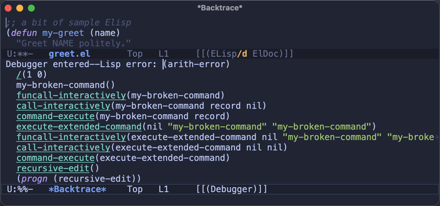 The backtrace of a failed command in the *Backtrace* buffer