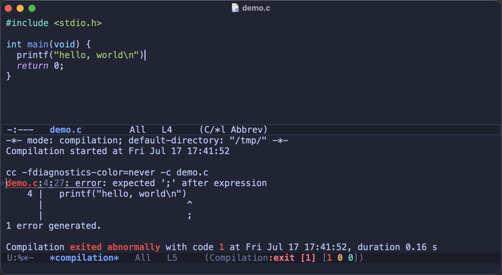 A compilation buffer with a parsed error and the source line it points to