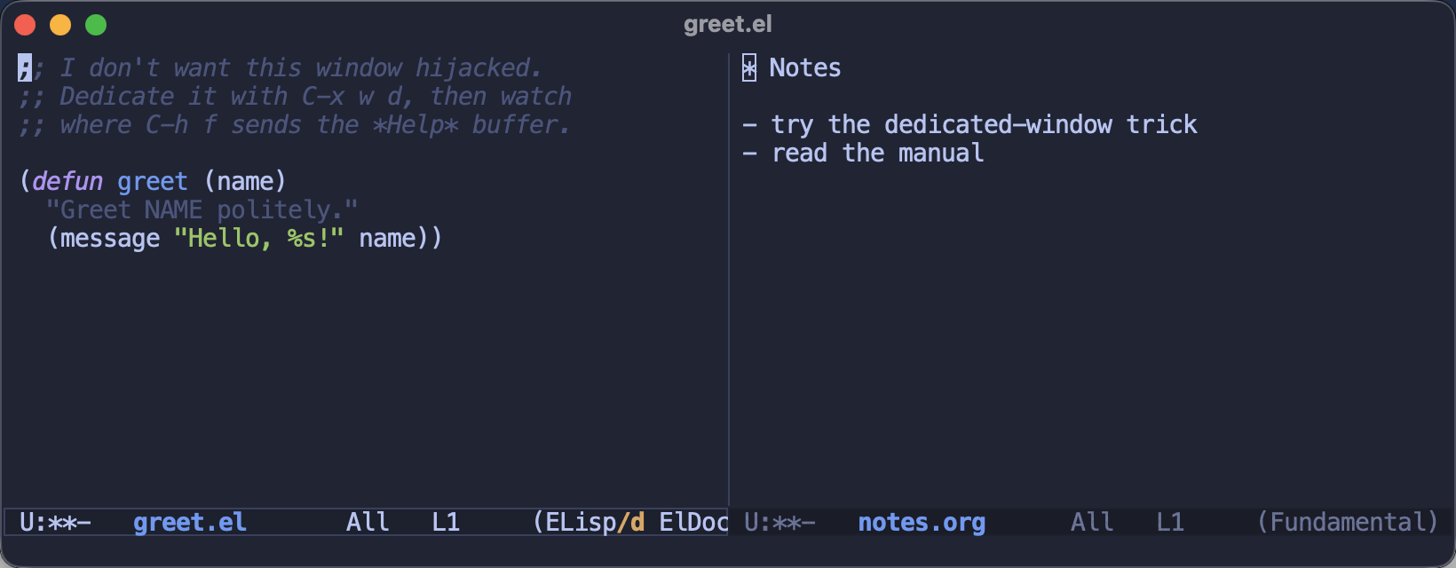 Dedicating a window so C-h f opens the Help buffer elsewhere instead of taking over