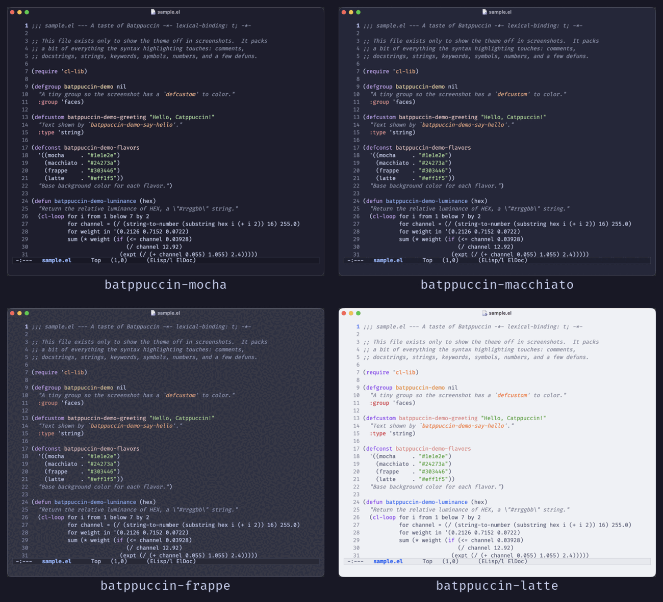 Four Batppuccin flavors, generated automatically