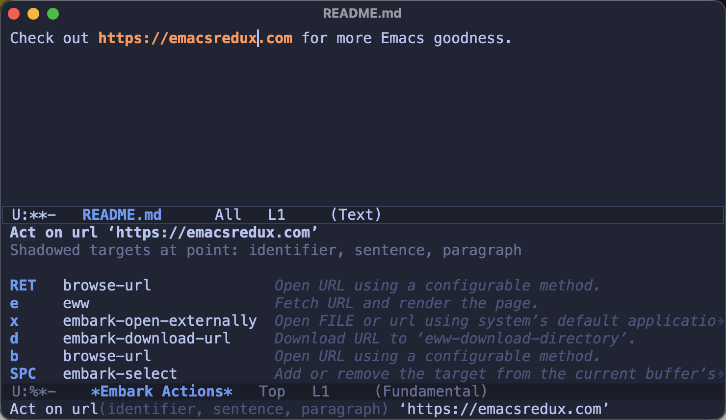 embark-act showing the available actions for the URL at point