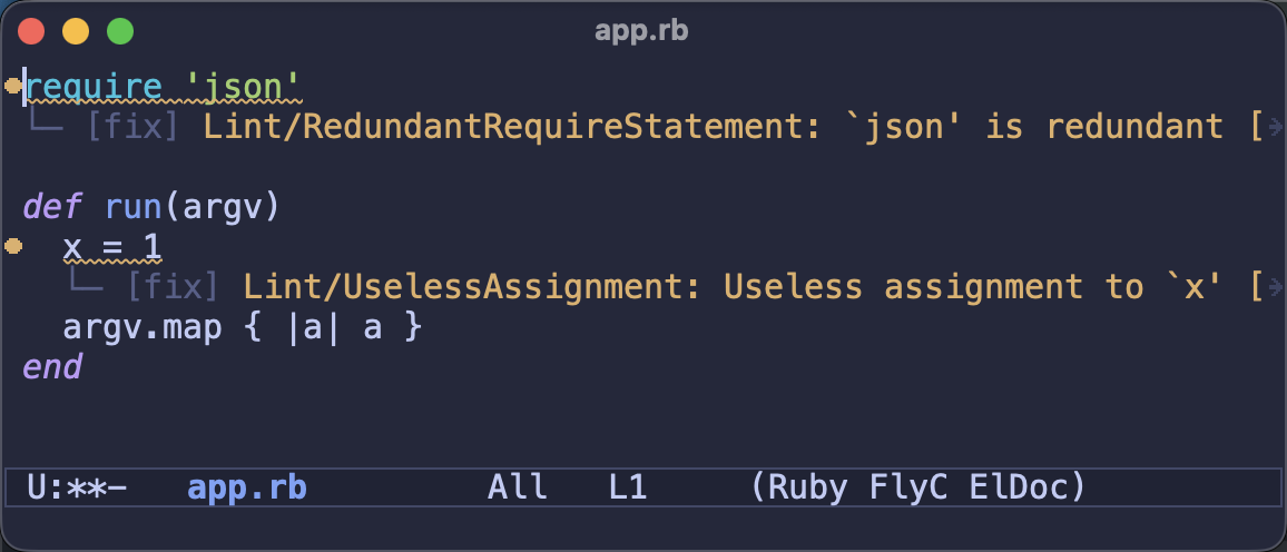 RuboCop's LSP diagnostics through the native lsp checker, with fixes