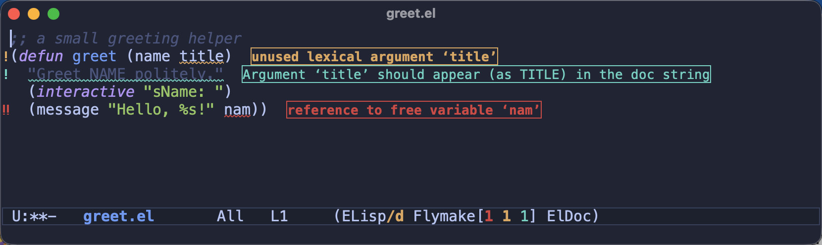 Flymake showing an error, a warning and a note at the end of the offending lines