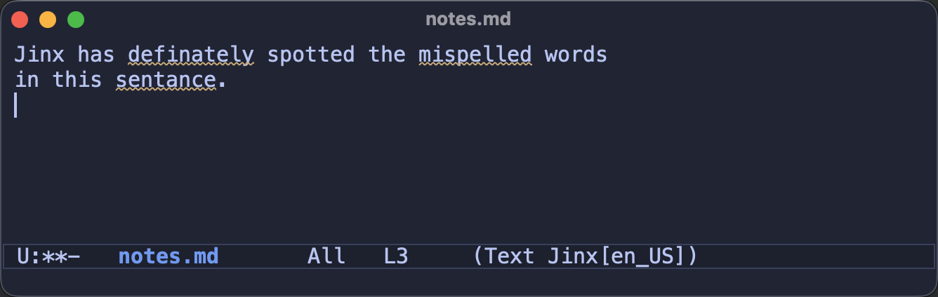 Jinx underlining the misspelled words in a buffer