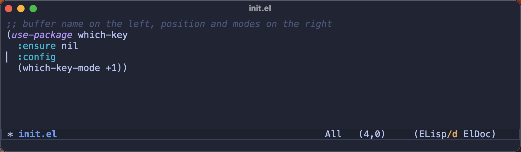 A mode line with the buffer name on the left and the position and modes right-aligned