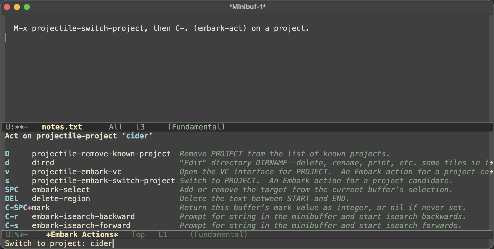 Embark actions on a Projectile project