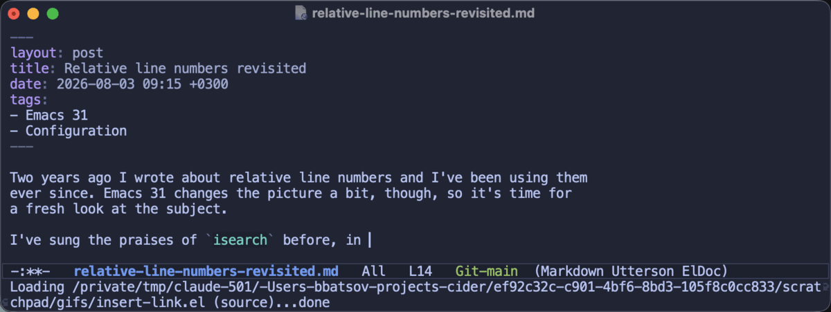 Inserting a link to another post: the completion list shows every post newest first, with its title next to the file name