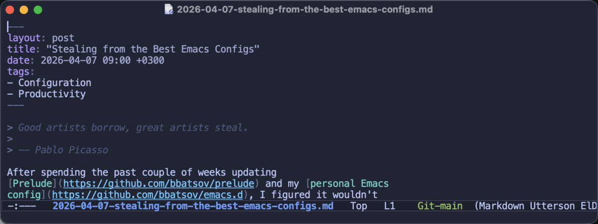 Creating a new post with utterson: the title prompt, the slug derived from it, tag completion, and the finished front matter